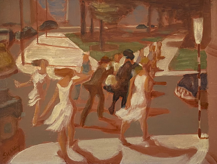 Philip Surrey Pedestrians, Crosswalk (Dominion Square, Montreal), 1953 (circa) Oil on wood board 6 x 7 3/4 in 15.2 x 19.7 cm
