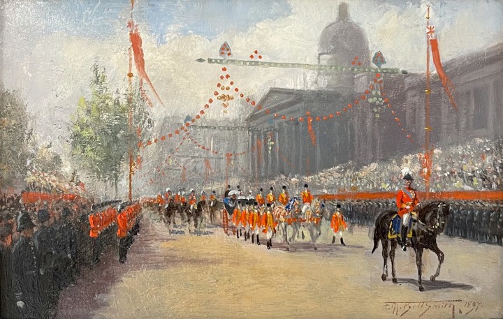 Frederic Marlett Bell-Smith Queen Victoria's Jubilee Procession Passing the National Gallery, London, 1897 (June 22) Oil on board 6 x 9 in 15.2 x 22.9 cm