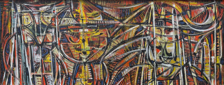 Jean Dallaire Les masques, 1957 Oil on illustration board 6 x 16 in 15.2 x 40.6 cm