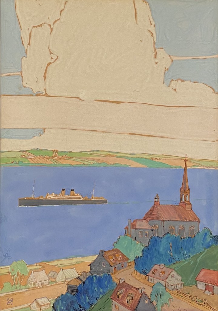 Charles W. Simpson The Canadian Pacific Empress of Britain Passing Château Richer, with a View Towards Île d’Orléans, Quebec, 1925 (circa) Gouache 15 x 11 in 38.1 x 27.9 cm