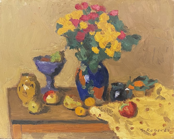 Goodridge Roberts Still Life of Fruit and Flowers, 1958 (circa) Oil on panel 8 1/2 x 10 1/2 in 21.6 x 26.7 cm