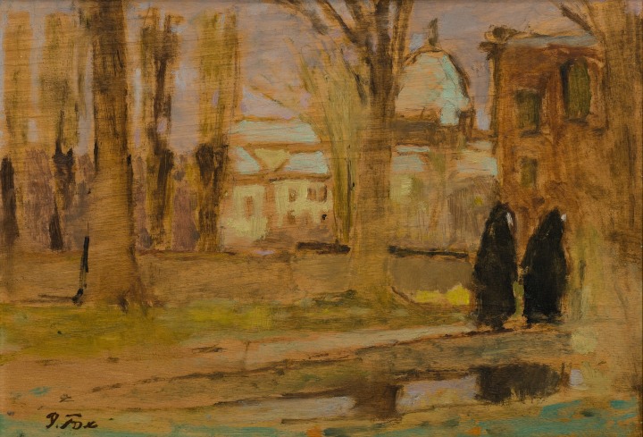 John Fox Nuns near the Mother House, 1961 Oil on panel 7 x 10 in 17.8 x 25.4 cm