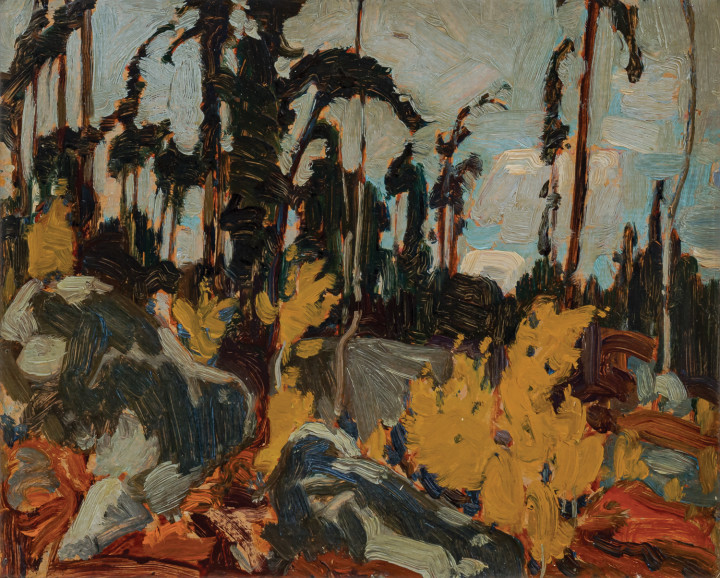 J.E.H. MacDonald Rocky Woods, Algoma, 1919 Oil on panel 8 1/2 x 10 1/2 in 21.6 x 26.7 cm