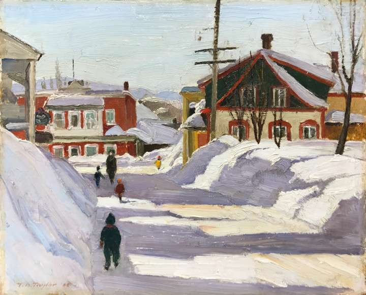 Frederick B. Taylor In Baie St Paul. Charlevoix County. PQ, 1955 (March 10) Oil on panel 8 1/4 x 10 1/4 in 21 x 26 cm This work is included in the Alan Klinkhoff Gallery Frederick Taylor Inventory, no. 14-98