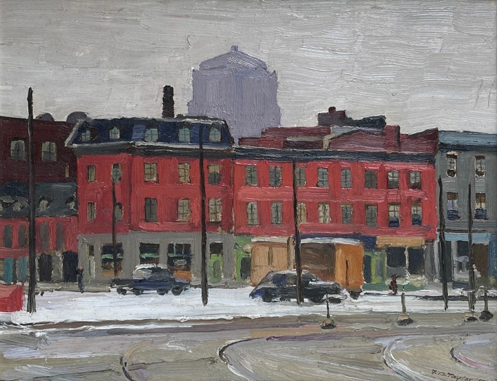 Frederick B. Taylor Buildings, North Side, Chaboillez Square, Montreal, 1955 (February 27) Oil on panel 8 1/2 x 10 1/2 in 21.6 x 26.7 cm This work is included in the Frederick B. Taylor Inventory of Alan Klinkhoff Gallery, no.14-89