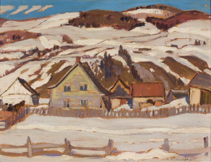 A.Y. Jackson 1882-1974Farm, St-Lawrence, North Shore, 1929 (April) signed, ‘A.Y. JACKSON’ (lower right); inscribed by the artist, ‘reserved / Winifred Trenholme’ (verso, upper left); inscribed by the artist, ‘A Y JACKSON / 6190 Terrebonne Ave’ (verso, centre); inscribed by the artist, ‘April 1929’ (verso, lower right); sketch of a landscape drawn by the artist (verso, upper right) Oil on panel 8 1/2 x 10 1/2 in 21.6 x 26.7 cm