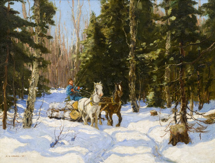 Frederick Simpson Coburn Hauling Logs in Winter, 1930 Oil on canvas 30 x 40 1/4 in 76.2 x 102.2 cm