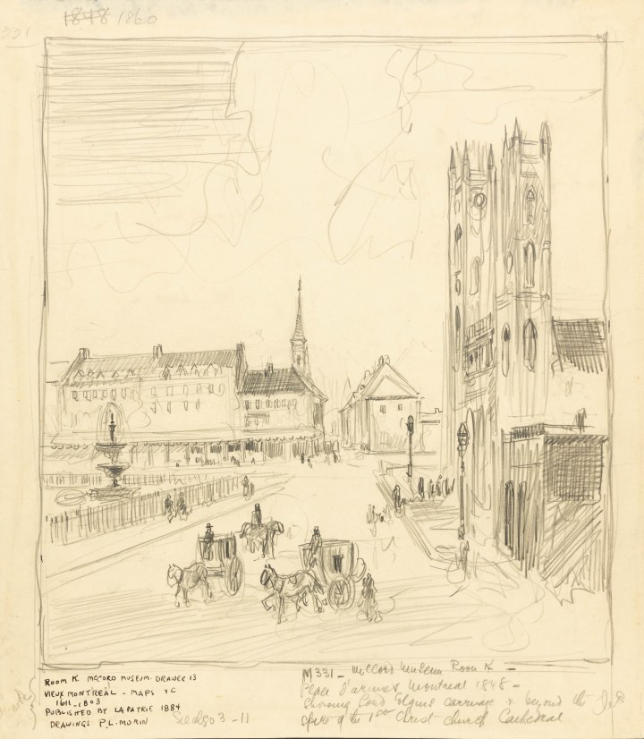Anonymous Place d’Armes, Montreal, a 20th century drawing, presumably copied from a 19th century engraving Pencil drawing 12 5/8 x 11 1/8 in 32 x 28 cm