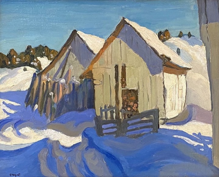 Edwin Holgate Barns in Snow, Malbaie, 1926 (circa) Oil on panel 8 1/2 x 10 1/2 in 21.6 x 26.7 cm