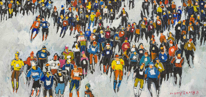 Molly Lamb Bobak Cross Country Ski Race, 1985 Oil on canvas board 6 x 12 in 15.2 x 30.5 cm
