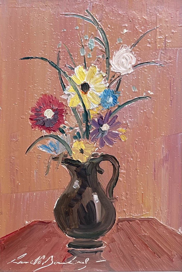 Lorne Bouchard Floral with Brown Jug, 1973 (June 1) Oil on gesso illustration board 6 1/2 x 4 1/2 in 16.5 x 11.4 cm