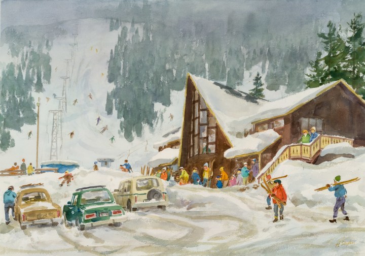 Henry J. Simpkins Last Mountain Lodge - Chalet de ski, Last Mountain Watercolour - Aquarelle 20 1/2 x 29 1/8 in 52 x 74 cm