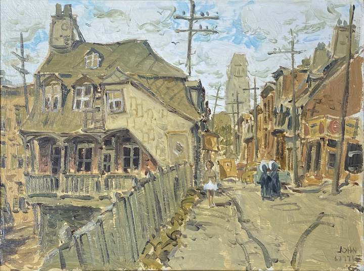 John Little 1928 - Rue Artillerie at D'Artigny, Quebec, 1963 signed and dated, ‘JOHN / LITTLE / 63’ (lower right); dated,'April 23 - 63'; titled and signed, 'RUE D’ARTILLERIE (sic) / at D'ARTIGNY (PRICE BLDG) / Quebec / JOHN / LITTLE' (verso) Oil on board - Huile sur carton 12 x 16 in 30.5 x 40.6 cm