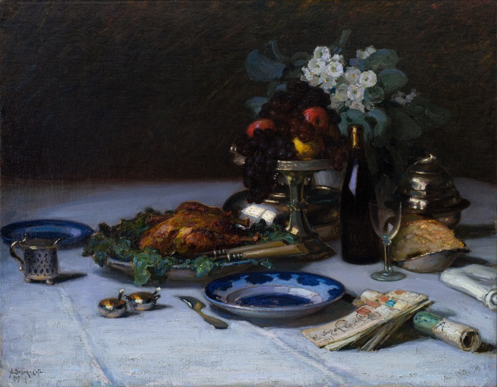 Marc-Aurèle Suzor-Coté Monsieur est servi /Still Life/ Le Déjeuner du célibataire, 1907 Oil on canvas 32 x 46 in 81.3 x 116.8 cm