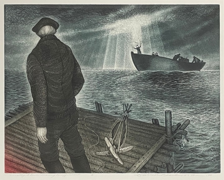 David Blackwood Molly Glover leaving Bragg’s Island, 1985 Etching and aquatint 22 x 27 3/4 in 55.9 x 70.5 cm Number 1 in an edition of 50