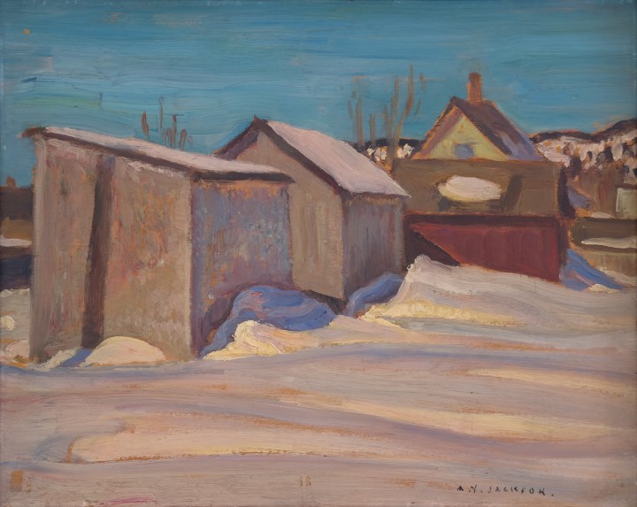 A.Y. Jackson Sheds, St. Simon, 1932 (circa) Oil on panel 8 1/2 x 10 1/2 in 21.6 x 26.7 cm