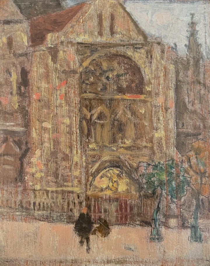 James Wilson Morrice 1865-1924South Portal of Saint-Jacques de Dieppe, 1909 (circa) studio stamp, 'STUDIO J.W. MORRICE' (verso, middle); inscribed in white pencil, ‘GIVEN TO R / [NAME WITHHELD AS A / WEDDING PRESENT / BY HIS GODMOTHER / AUNT ANNIE LAW’(verso, top); inscribed in ballpoint pen on a label, ‘Wedding gift to [redacted] / 1952 by his Godmother, Aunt / Annie Law. / A portal of the Cathedral of Quimper circa 1905-1906. / See #84. Sketch - page 78 / Montreal Collection. Gift E. & David Morrice / Montreal Museum of Fine Arts’ (verso, bottom)* Oil on wood panel 6 1/8 x 4 7/8 in 15.3 x 12.3 cm