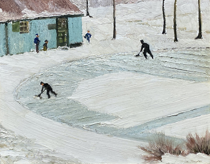 Frederick B. Taylor Cleaning The Ice, Beaver Pond - Mt. Royal, 1949 (December 22) Oil on panel 8 3/4 x 10 1/4 in 22.4 x 26.2 cm This work is included in the Alan Klinkhoff Gallery Frederick Taylor Inventory, no. 1054