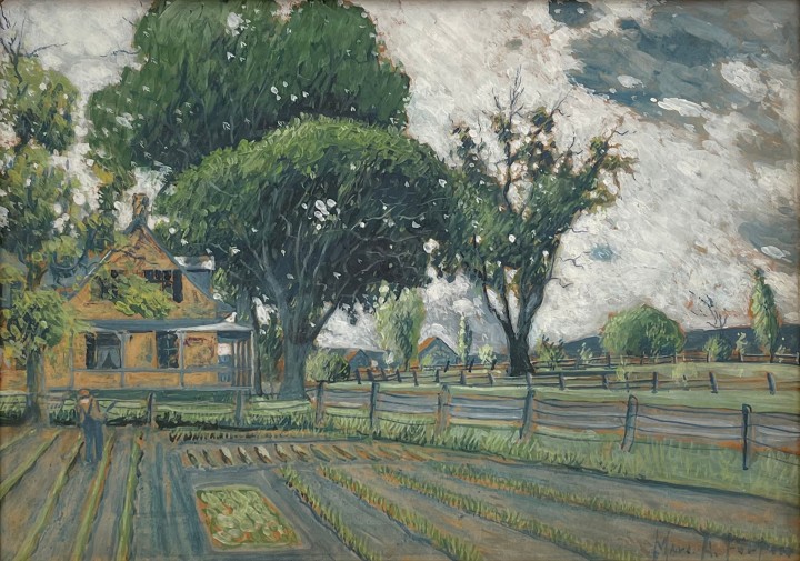 Marc-Aurèle Fortin Garden (Probably Saint-Barthelemy, Quebec ), 1923 (circa) Gouache and mixed media on board 10 x 14 in 25.4 x 35.6 cm This work is included in the Catalogue Raisonné Marc-Aurèle Fortin of Galerie Valentin, no. H-1097.