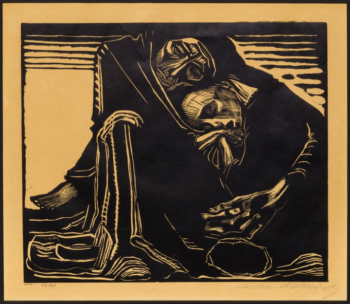 Käthe Kollowitz Death with a Woman in His Lap, 1921 (circa) Woodcut print 9 1/2 x 11 1/2 in 24.1 x 29.2 cm Number 67 in an edition of 150 proofs
