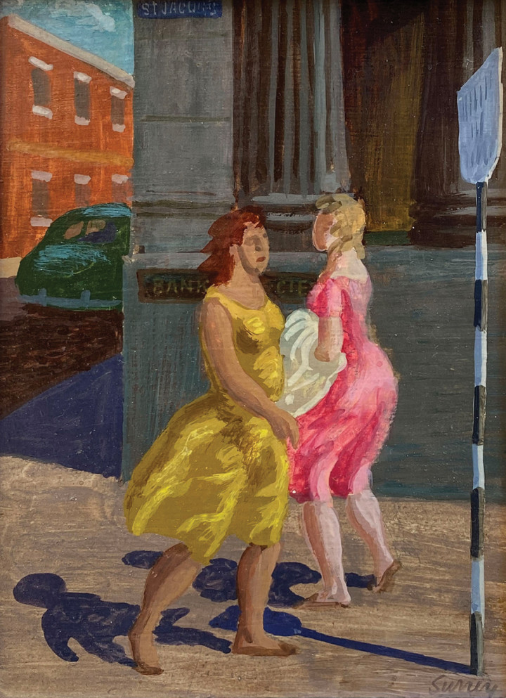 Philip Surrey Bank Girls, St. Jacques Street, Montreal, 1955 (circa) Oil on board 8 x 6 in 20.3 x 15.2 cm