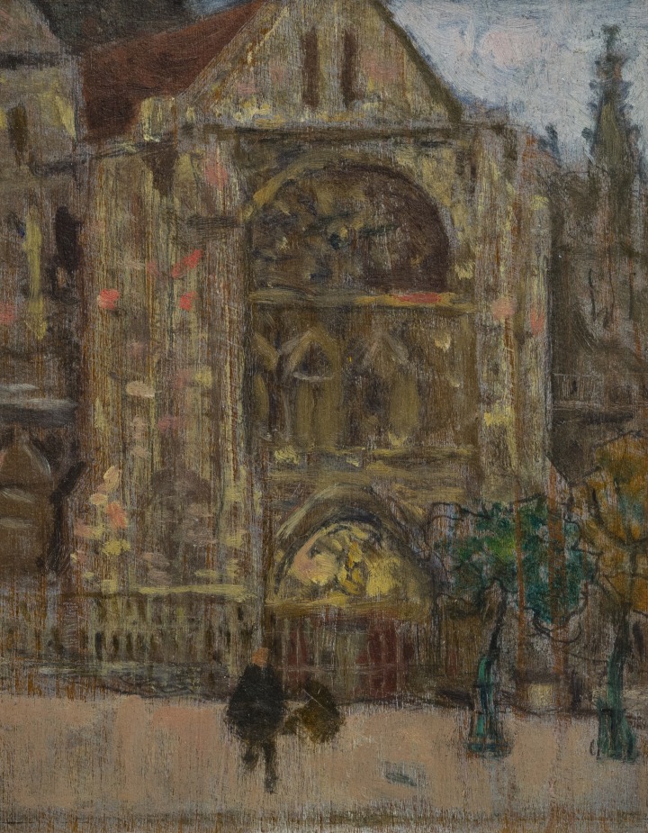 James Wilson Morrice South Portal of Saint-Jacques de Dieppe, 1909 (circa) Oil on wood panel 6 x 4 7/8 in 15.3 x 12.3 cm This work will be included in the James Wilson Morrice Catalogue Raisonné being compiled by Lucie Dorais.