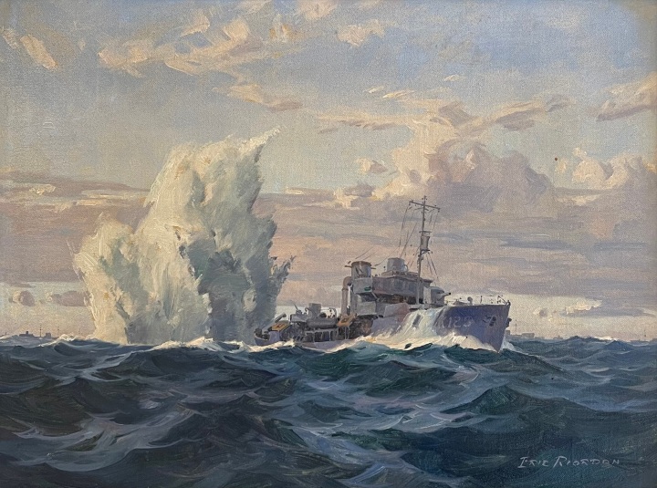 Eric Riordon HMCS Kenogami K125, Montreal, June 29, 1941 Oil on canvas 12 x 16 in 30.5 x 40.6 cm