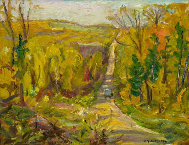 A.Y. Jackson Country Road, Killaloe, Ontario, 1966 (October) Oil on panel 10 1/2 x 13 1/2 in 26.7 x 34.3 cm Naomi Jackson Groves inventory number 1418