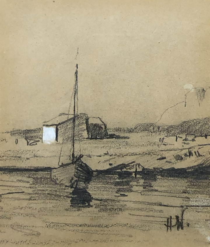 Horatio Walker Boat at Low Tide Mixed media 4 7/8 x 4 in 12.5 x 10 cm
