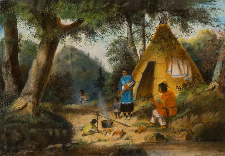 Alfred W. Holdstock Indigenous Family Encampment Watercolour 16 7/8 x 25 in 43 x 63.5 cm