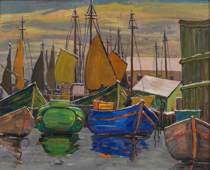 Sir Frederick Grant Banting Ships, Gloucester, Mass., 1932 (December 2) Oil on canvas 21 1/8 x 26 in 53.7 x 66 cm