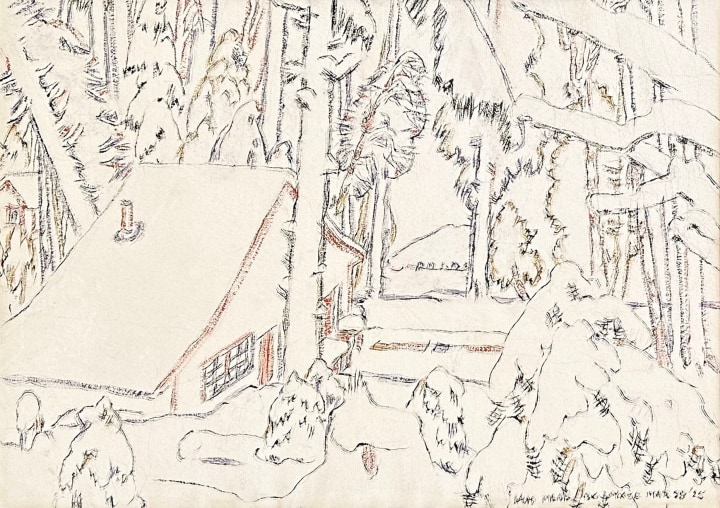David Milne Cottage after Snowfall I (Big Moose Lake, Adirondacks, N.Y.) , 1925 (28 March) Watercolour on paper 15 x 21 in 38.1 x 53.3 cm This work is included in the David B. Milne Catalogue Raisonne of the Paintings compiled by David Milne Jr. and David P. Silcox, Vol. 1, no. 207.21.