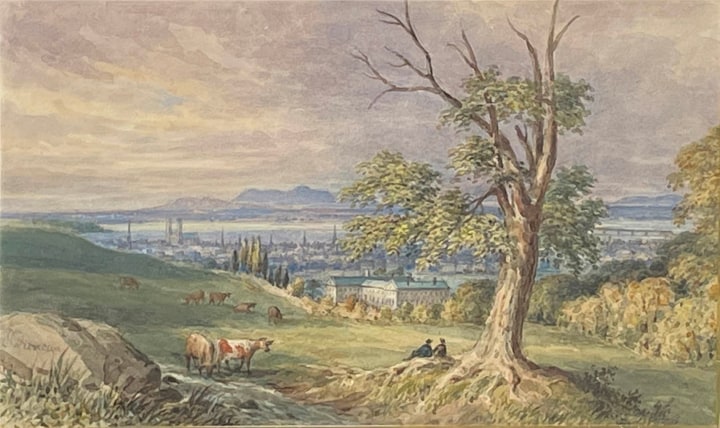 James Duncan A view towards Montréal overlooking Priest's Farm, 1860 (circa) Watercolour 7 1/2 x 12 in 19.1 x 30.5 cm