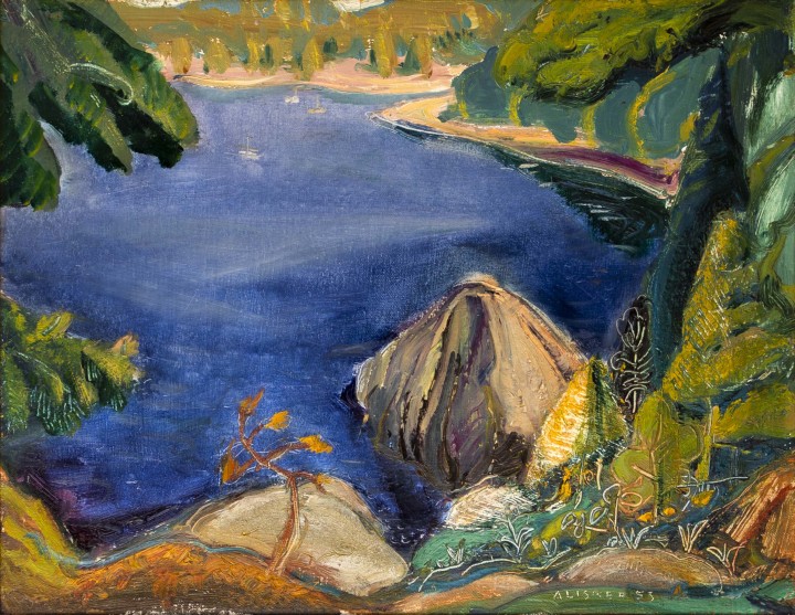 Arthur Lismer On Pender Island, East Coast of Vancouver Island, BC, 1953 Oil on canvas 14 x 18 1/8 in 35.5 x 46 cm