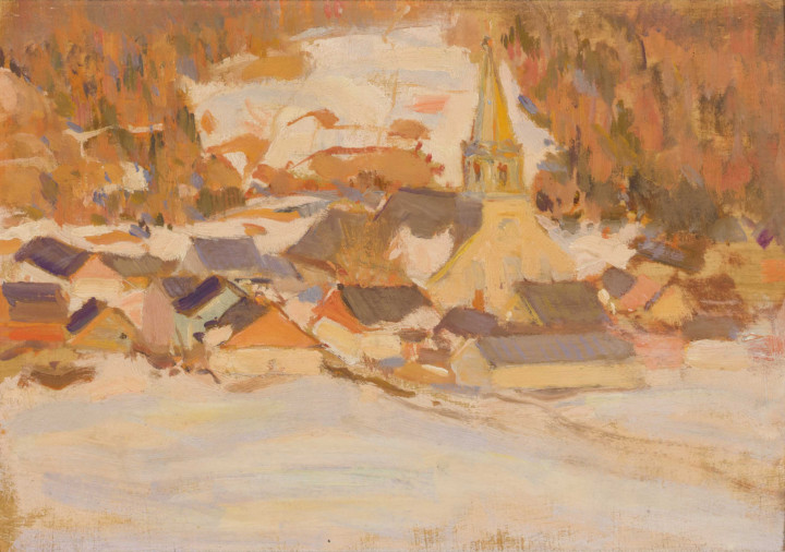 Clarence A. Gagnon Early Spring, St. Urbain, 1920 (circa) Oil on panel 5 3/4 x 8 3/4 in 14.6 x 22.2 cm