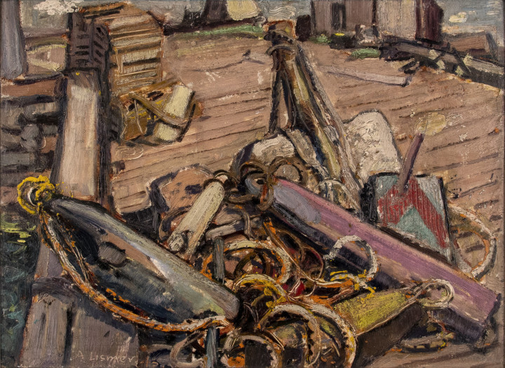Arthur Lismer Ropes and Gear, Neil's Harbour, Cape Breton I., N.S., 1946 Oil on canvas board 12 x 16 in 30.5 x 40.6 cm