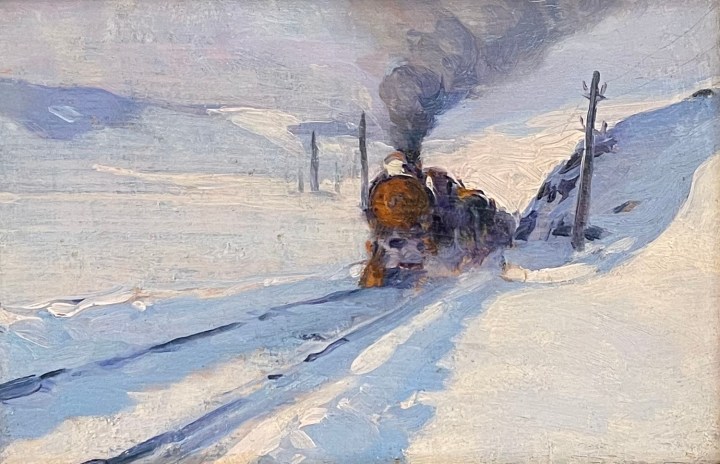 Clarence A. Gagnon 1881-1942"Etude" The Train, 1910 (circa) signed with artist's thumb print (verso); titled and certified by Lucile Rodier Gagnon on Clarence A. Gagnon Inventory label, ‘Etude (vers 1910)’ and numbered ‘280’ (verso) Oil on panel 5 x 7 in 12.7 x 17.8 cm