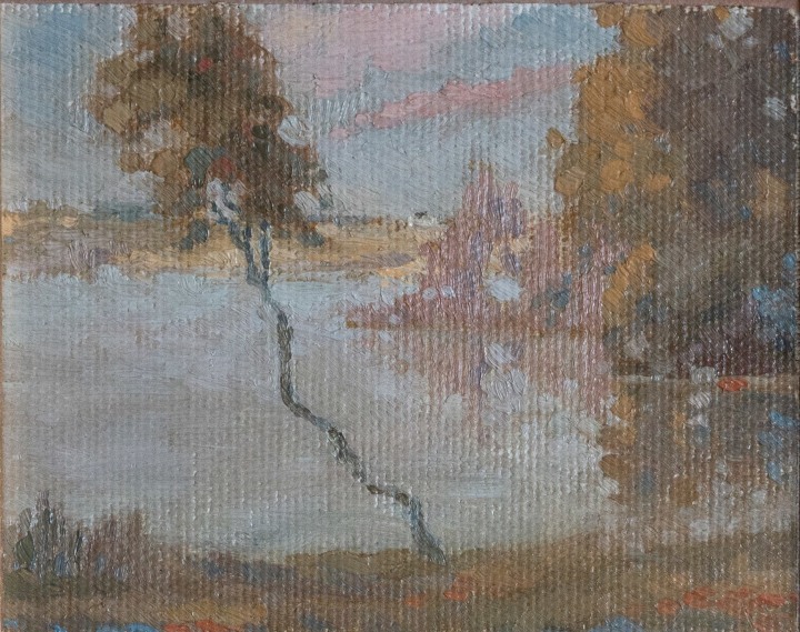 Lionel LeMoine FitzGerald Manitoba Scene Oil on canvas board 4 1/2 x 5 1/2 in 11.4 x 14 cm