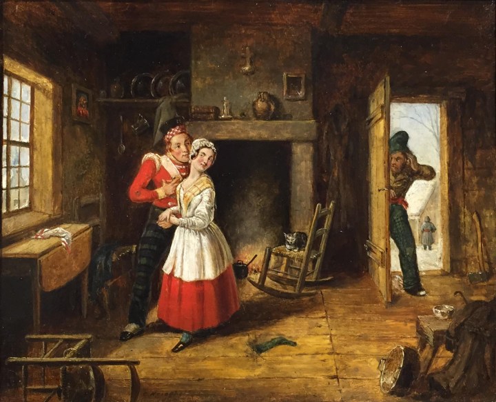 Cornelius Krieghoff (1815-1872), Le mari jaloux, vers 1845, huile sur carton, 8 x 9 1/2 po.