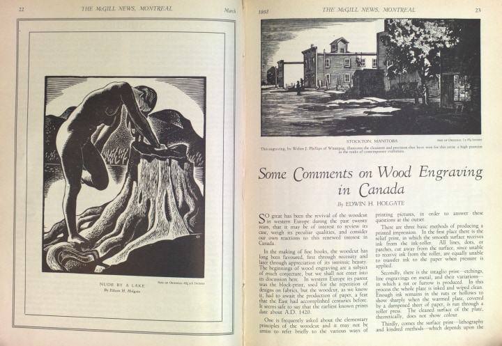 Fig. 6 Pages 22 and 23 from McGill News with part of Holgate's article and its introductory illustration, Nude by a Lake