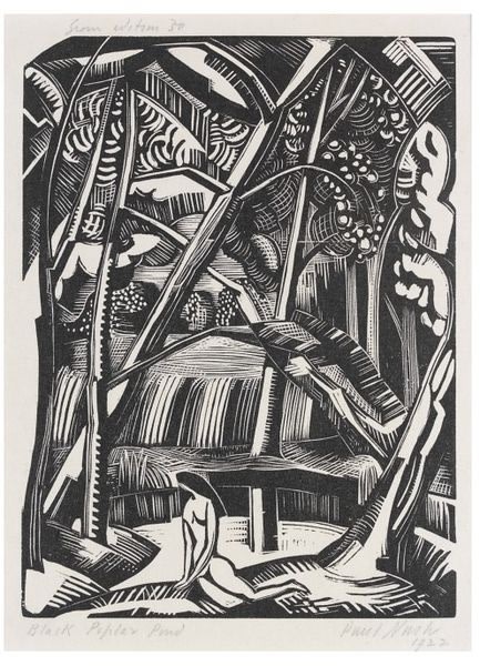 Fig. 2 Paul Nash, Black Poplar Pond, 1921, plate 2 from Places, wood engraving on paper, 15.2 x 11.4 cm