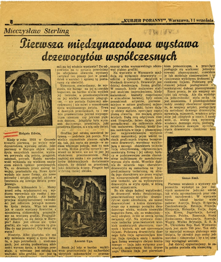 Fig. 5 Clipping of Mieczysław Sterling's "Pierwsza międzynarodowa wystawa drzeworytów współczesnych" from Kurjer Poranny, (Warsaw, Poland), 11 September 1933