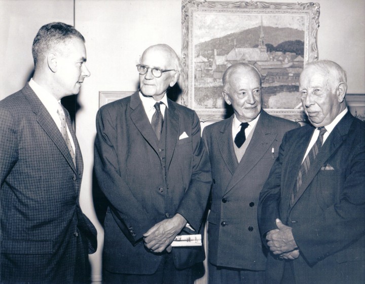 Fig. 3 Walter Klinkhoff, Arthur Lismer, Edwin Holgate, and A.Y. Jackson at the Randolph Hewton Retrospective at Walter Klinkhoff Gallery in October 1962