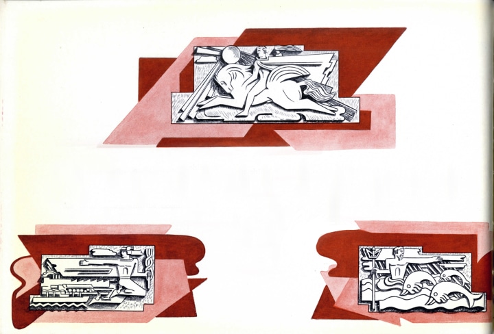 Fig. 4 The three large bas-reliefs, which depict Mercury, Prometheus, and Neptune on the north exterior wall, were obscured by the late 1950s construction of the neighbouring Queen Elizabeth Hotel. [14]