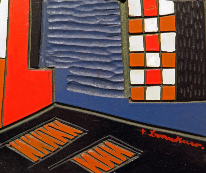 Fig. 3 Detail of Factory Worker (Machine Shop) showing the various cuts of Brandtner’s tools in the linoleum surface.