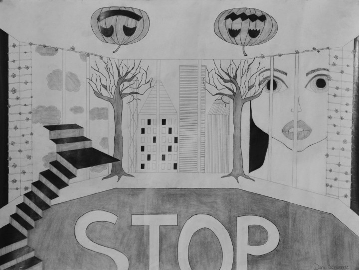 Dani Schwartz, Surrealist Interior Landscape, graphite, 18 x 24
