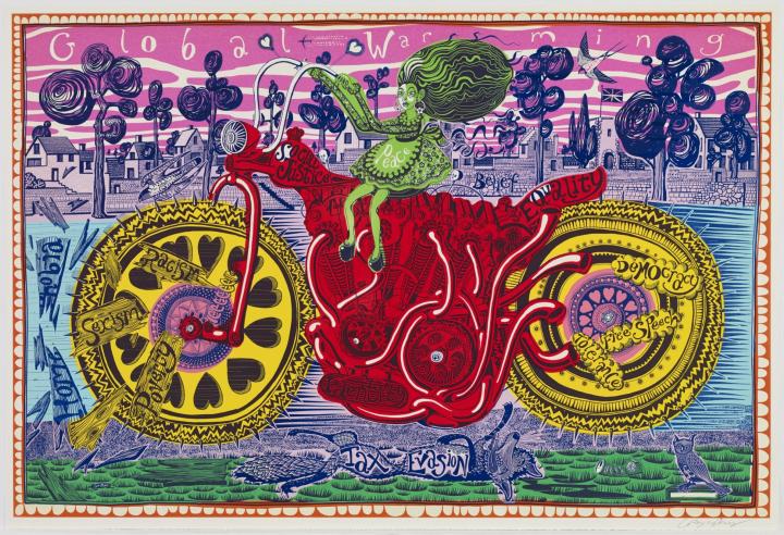 <span class="artist"><strong>Grayson Perry</strong></span>, <span class="title"><em>Selfie with Political Causes (etching)</em>, 2018</span>