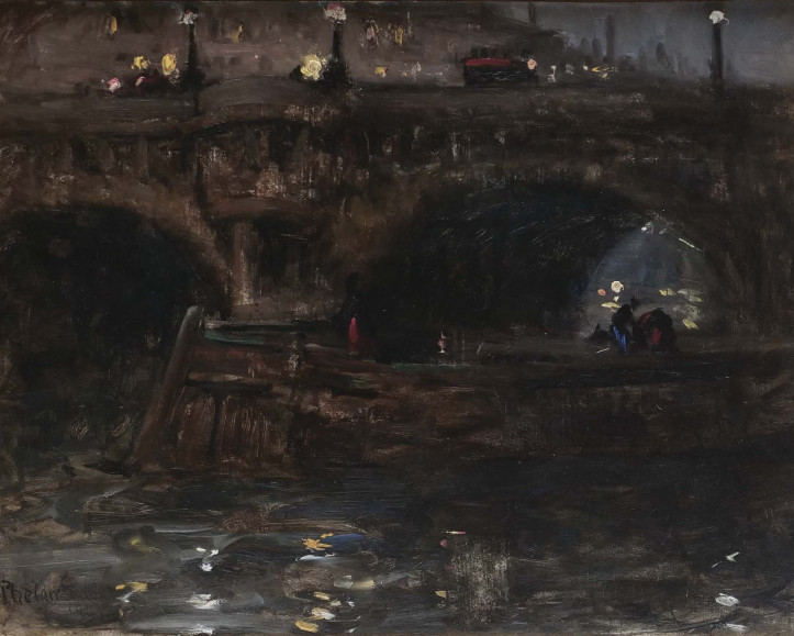 Harry William Phelan Gibb, 1870-1948,  Evening, Barge on the Seine Coasting under the Pont Neuf, Paris, 1907