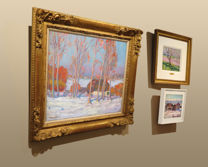 "First Snow, Baie St. Paul" with J.E.H. Macdonald's "Apple Blossom, York Mills" and A.Y. Jackson's "Port Joli, Que."