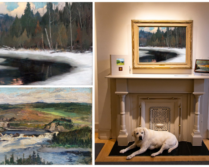 Twilight in the Laurentians above the fireplace at Galerie Alan Klinkhoff in Montreal, steadfastly protected by Winston.